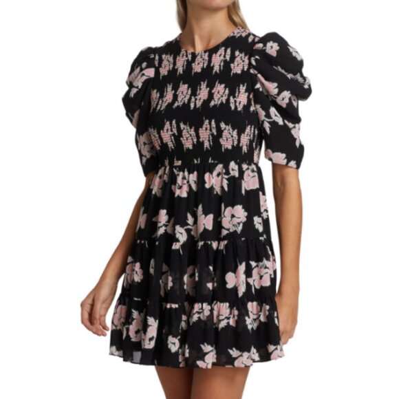 CINQ À SEPT 'Hollis' Smocked Floral-Print Mini-Dress, Black Multi - Picture 2 of 5